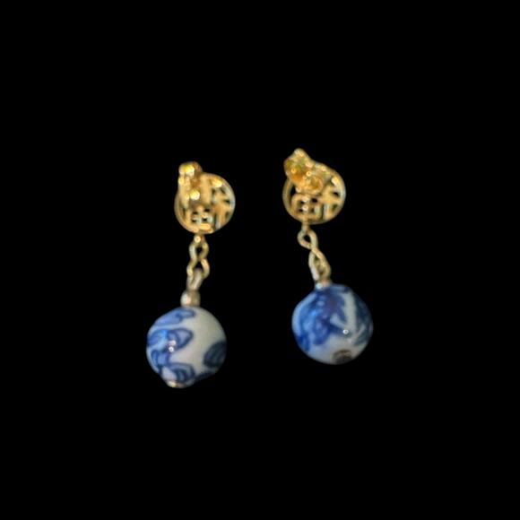 Chinoiserie Porcelain Drop Post Earrings Gold Chinese Symbol Blue & White - Picture 2 of 6